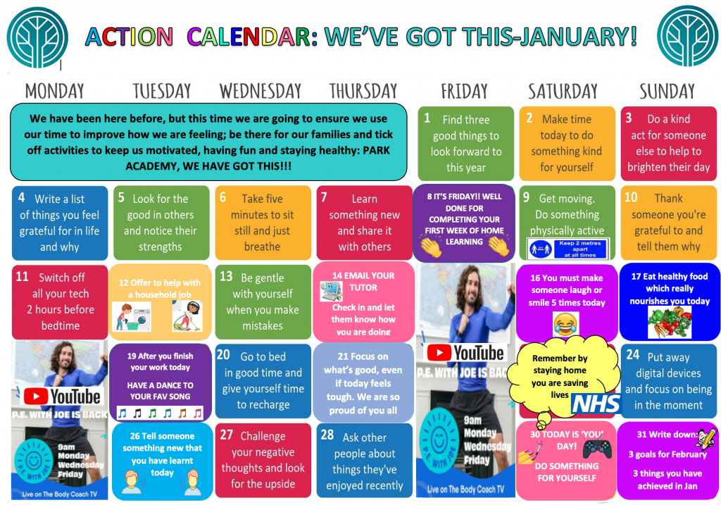 Park Academy's Happiness Calendar Daily activities around kindness